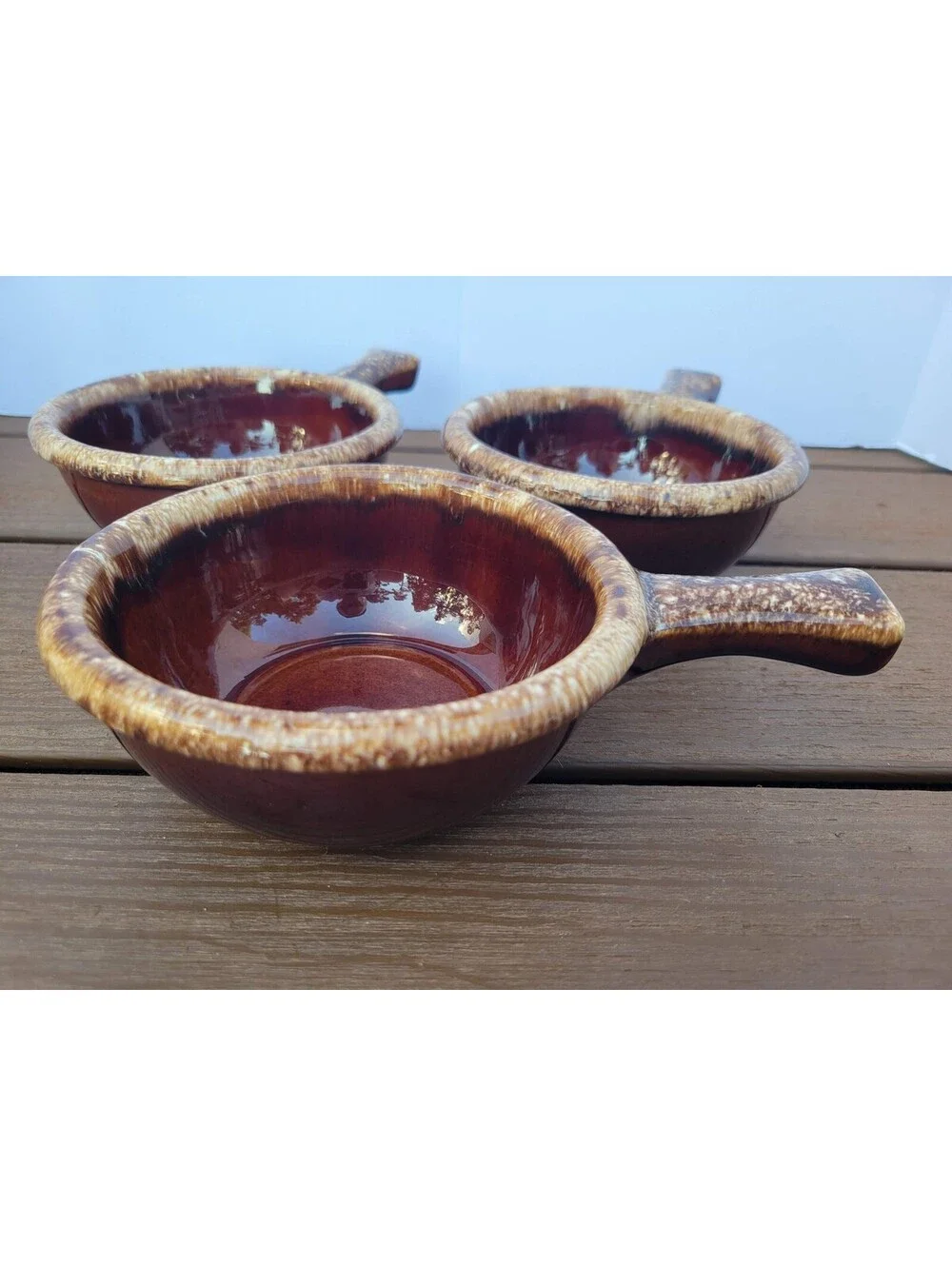Hull Brown Stoneware Soup Bowls Set Of 3 Oven Proof USA Vintage Retro Kitchen